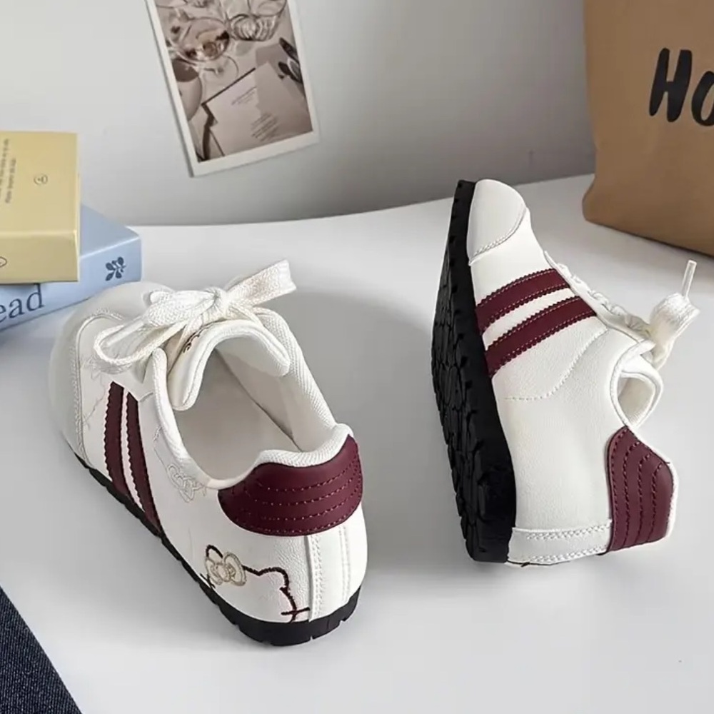 White and Burgundy Sneakers with Bow & kitty Detail